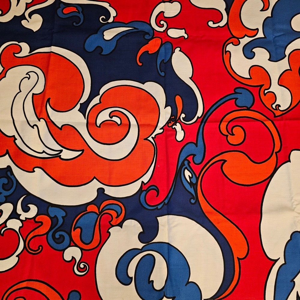 Vintage Bloomcraft 60s Wave Screen Orig Print Fabric 2 Yards 55x72 Red Blue